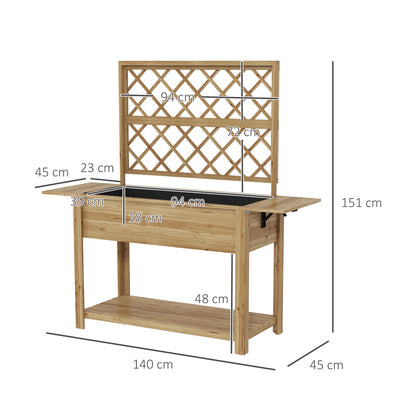 Rectangular Raised Planter with Trellis - Raised garden bed with 2 foldable side shelves and 1 lower shelf - wood dimensions 140L x 45W x 151H cm