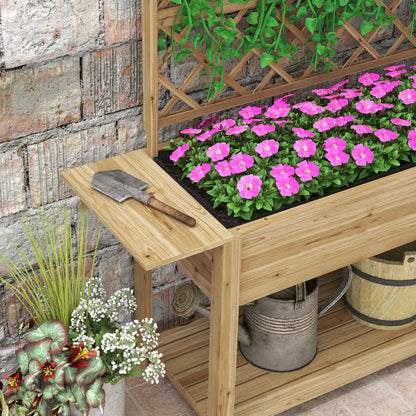 Rectangular Raised Planter with Trellis - Raised garden bed with 2 foldable side shelves and 1 lower shelf - wood dimensions 140L x 45W x 151H cm