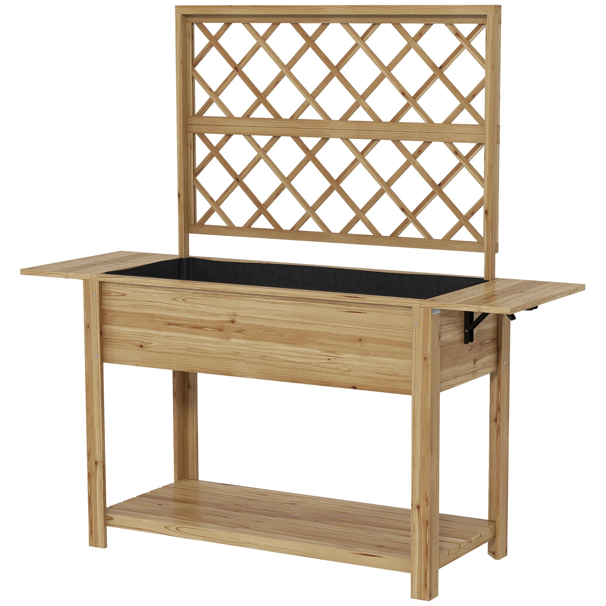 Rectangular Raised Planter with Trellis - Raised garden bed with 2 foldable side shelves and 1 lower shelf - wood dimensions 140L x 45W x 151H cm
