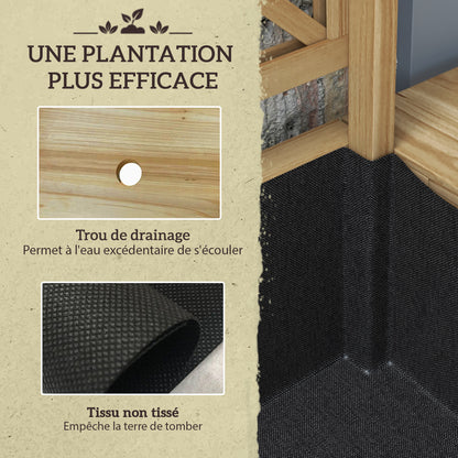 Rectangular Raised Planter with Trellis - Raised garden bed with 2 foldable side shelves and 1 lower shelf - wood dimensions 140L x 45W x 151H cm