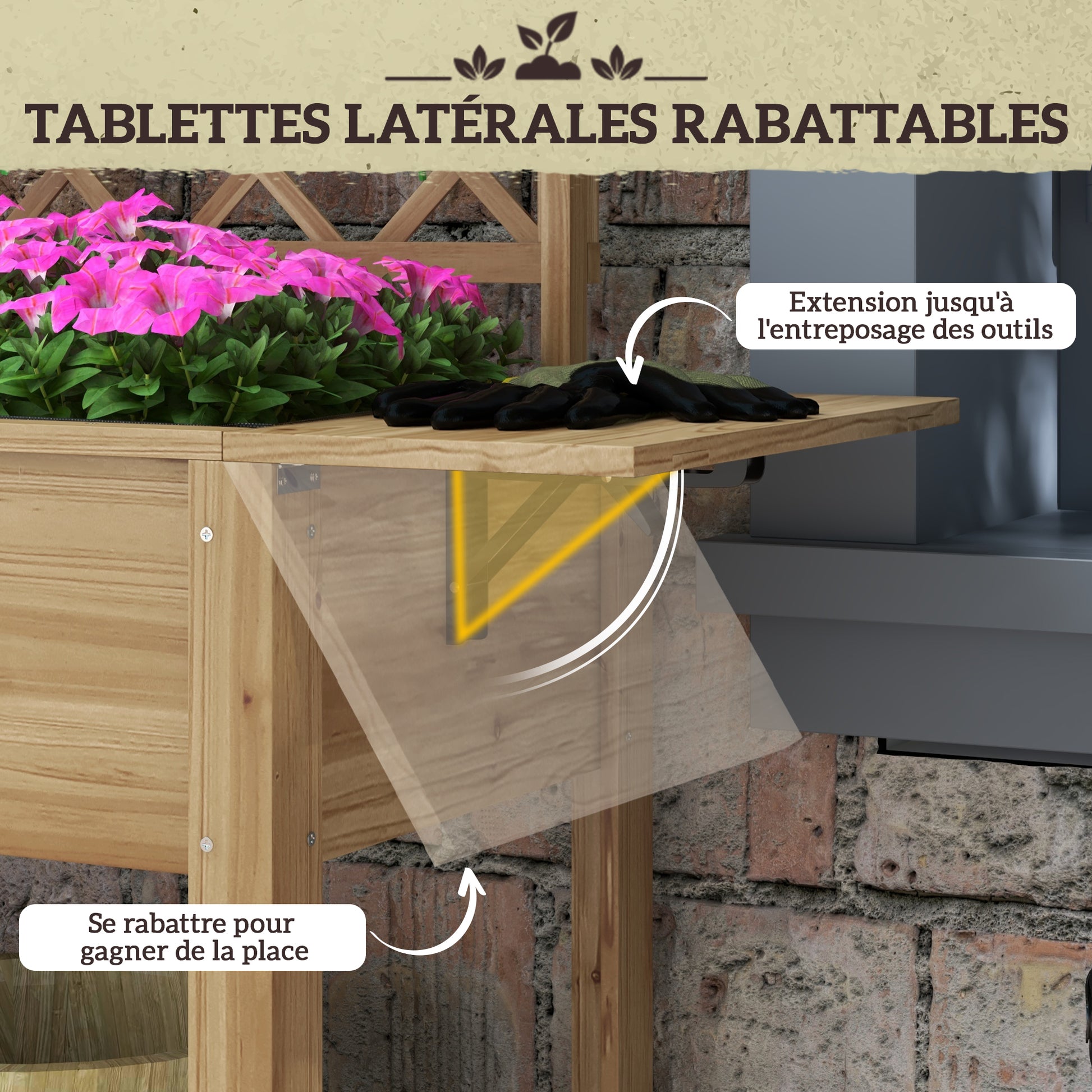 Rectangular Raised Planter with Trellis - Raised garden bed with 2 foldable side shelves and 1 lower shelf - wood dimensions 140L x 45W x 151H cm