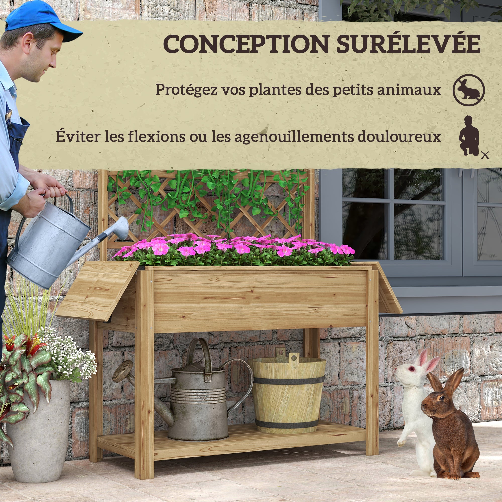 Rectangular Raised Planter with Trellis - Raised garden bed with 2 foldable side shelves and 1 lower shelf - wood dimensions 140L x 45W x 151H cm