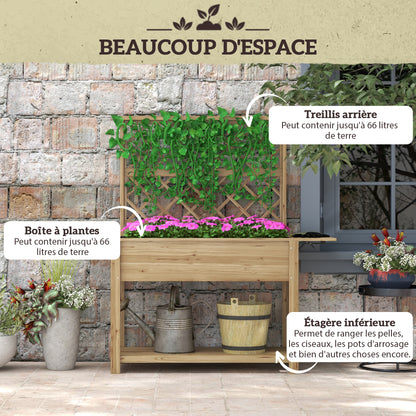 Rectangular Raised Planter with Trellis - Raised garden bed with 2 foldable side shelves and 1 lower shelf - wood dimensions 140L x 45W x 151H cm