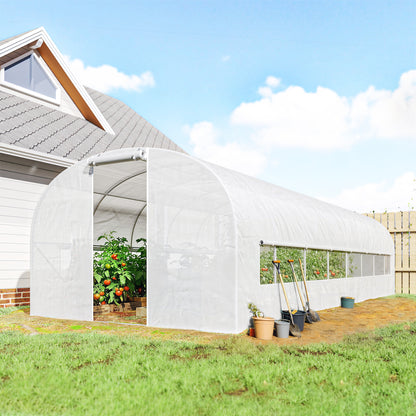 24 m² (258 sq ft) Tunnel Greenhouse — Galvanized Steel Frame, Roll-Up Doors & 2 Large Mesh Windows, 140 gsm PE Cover, White
