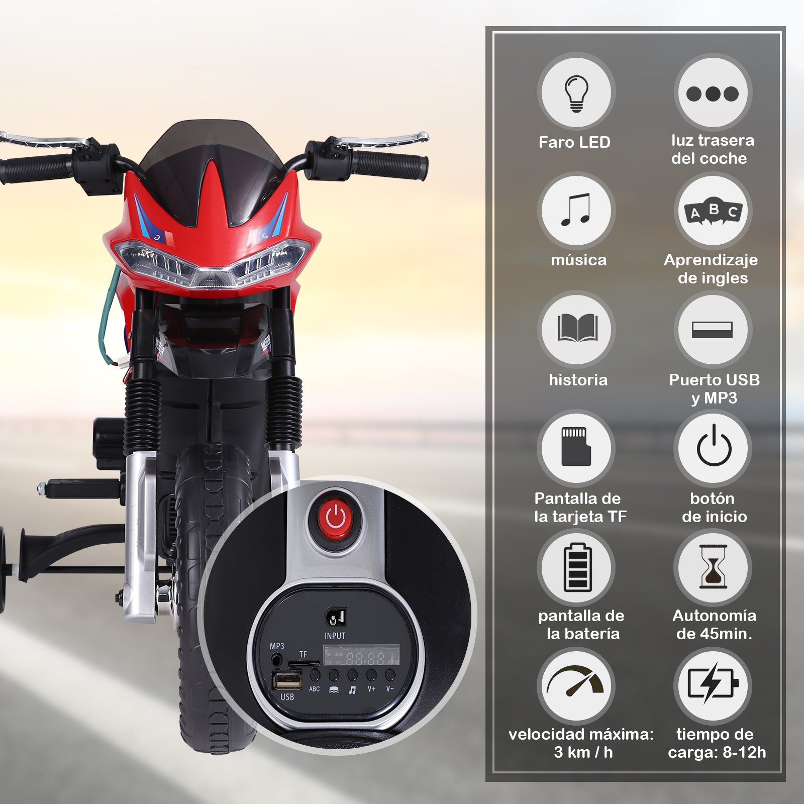 Kids Electric Motorcycle Toy Bike +3 Years 6V Battery with Lights and Music 105x52.3x62.3cm Red
