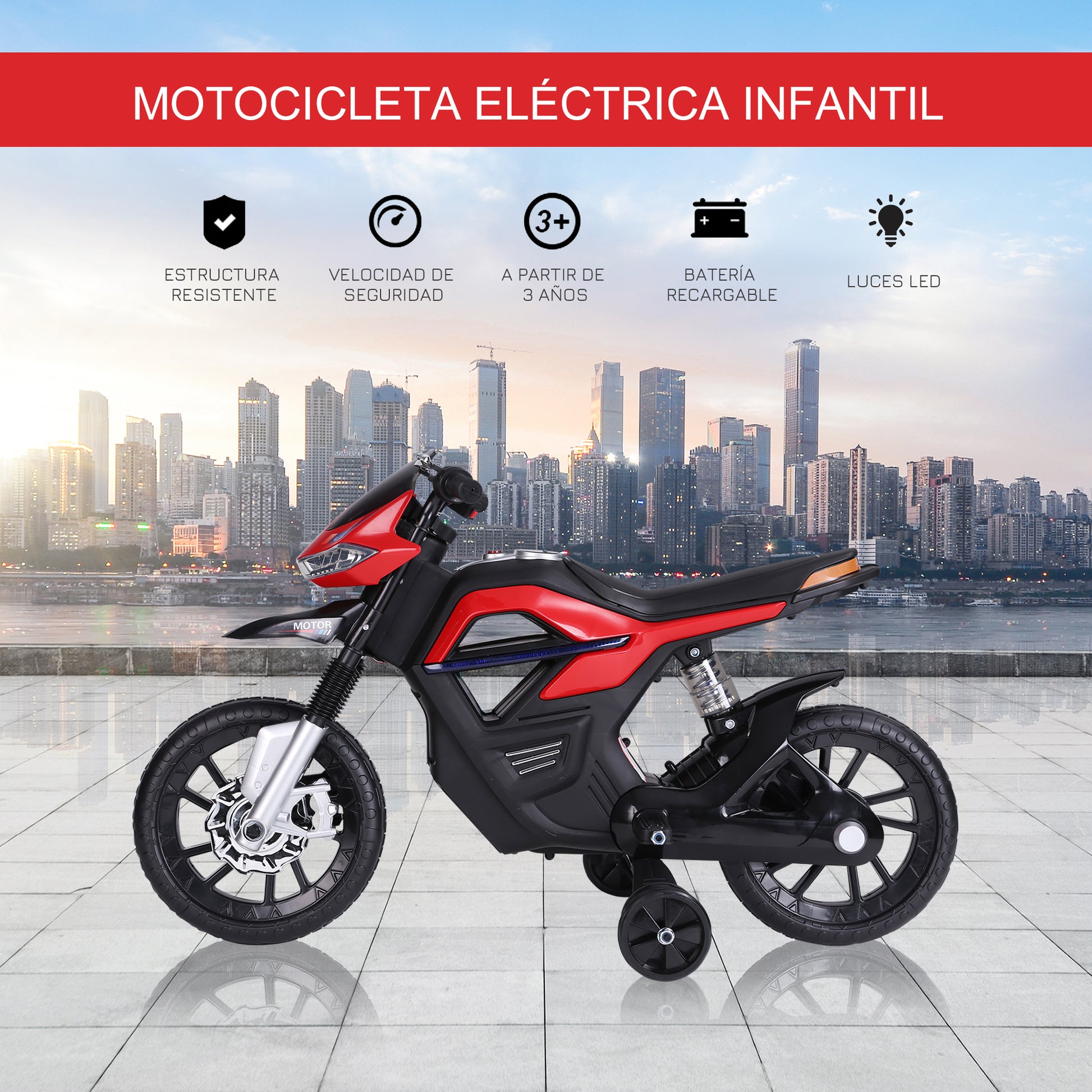 Kids Electric Motorcycle Toy Bike +3 Years 6V Battery with Lights and Music 105x52.3x62.3cm Red