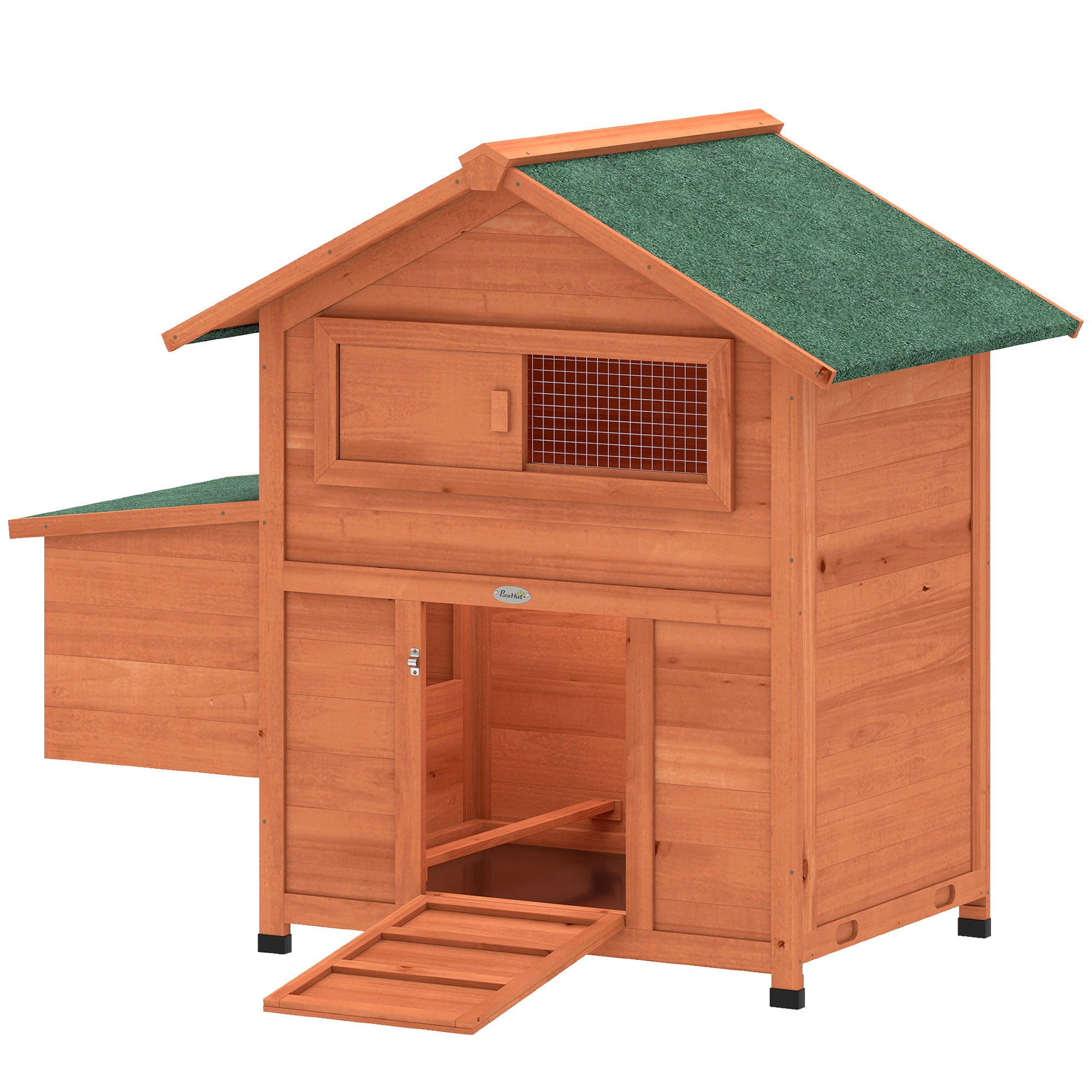 Wooden Chicken Coop 113.5 x 67.5 x 95.5 cm (44.7 x 26.6 x 37.6 in) with Nest Box, 2 Perches, Ramp, Sliding Window, Waterproof Roof, Pull-Out Tray — For 2 Hens/Ducks/Rabbits — Orange