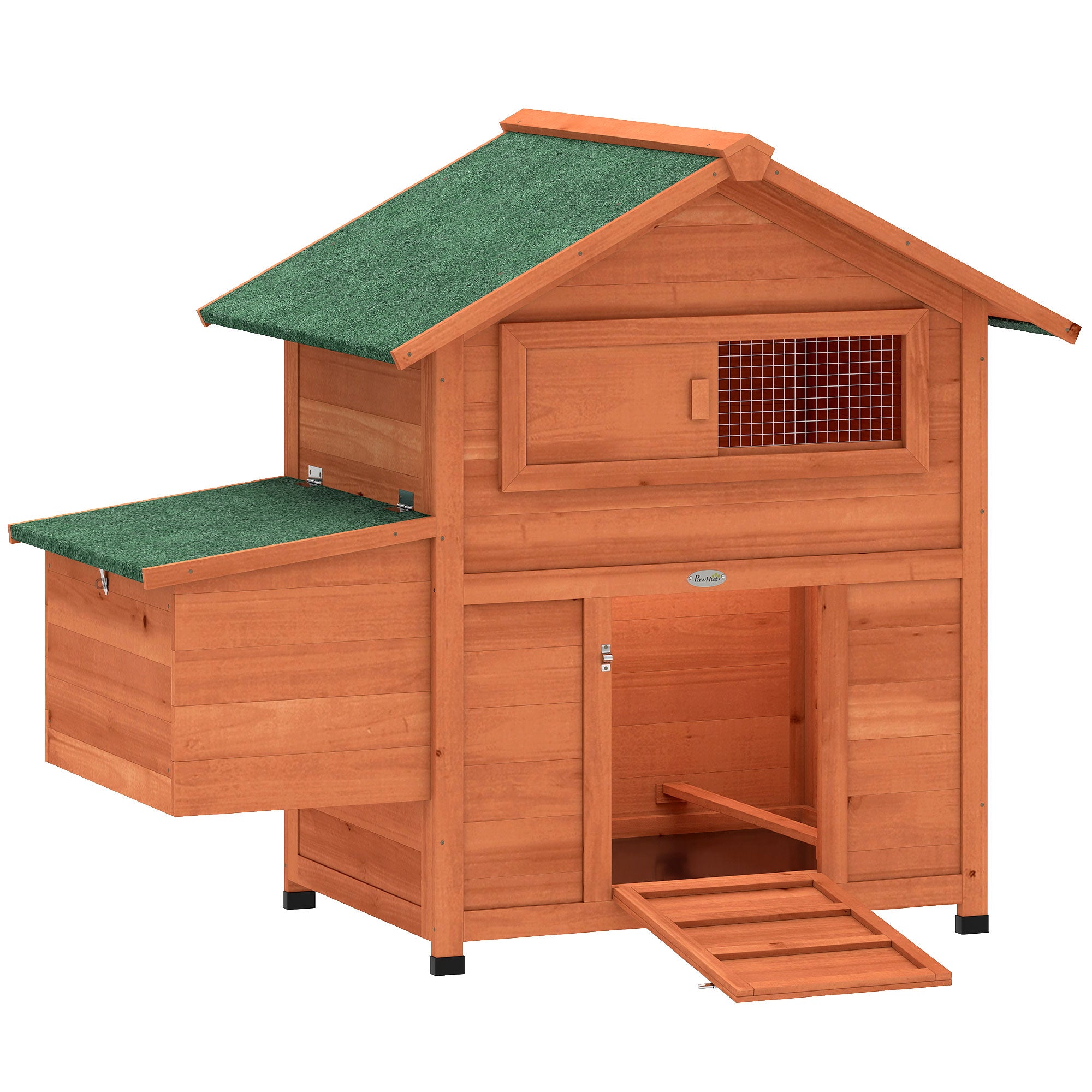 Wooden Chicken Coop 113.5 x 67.5 x 95.5 cm (44.7 x 26.6 x 37.6 in) with Nest Box, 2 Perches, Ramp, Sliding Window, Waterproof Roof, Pull-Out Tray — For 2 Hens/Ducks/Rabbits — Orange