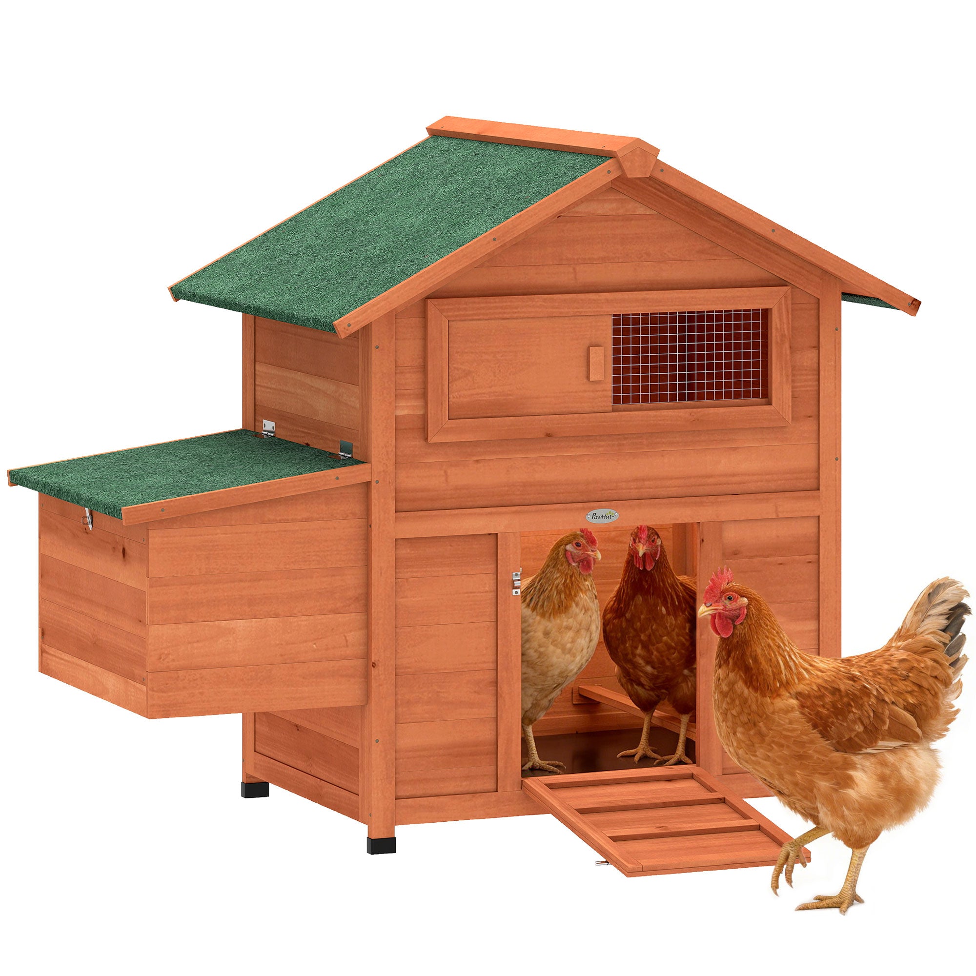 Wooden Chicken Coop 113.5 x 67.5 x 95.5 cm (44.7 x 26.6 x 37.6 in) with Nest Box, 2 Perches, Ramp, Sliding Window, Waterproof Roof, Pull-Out Tray — For 2 Hens/Ducks/Rabbits — Orange