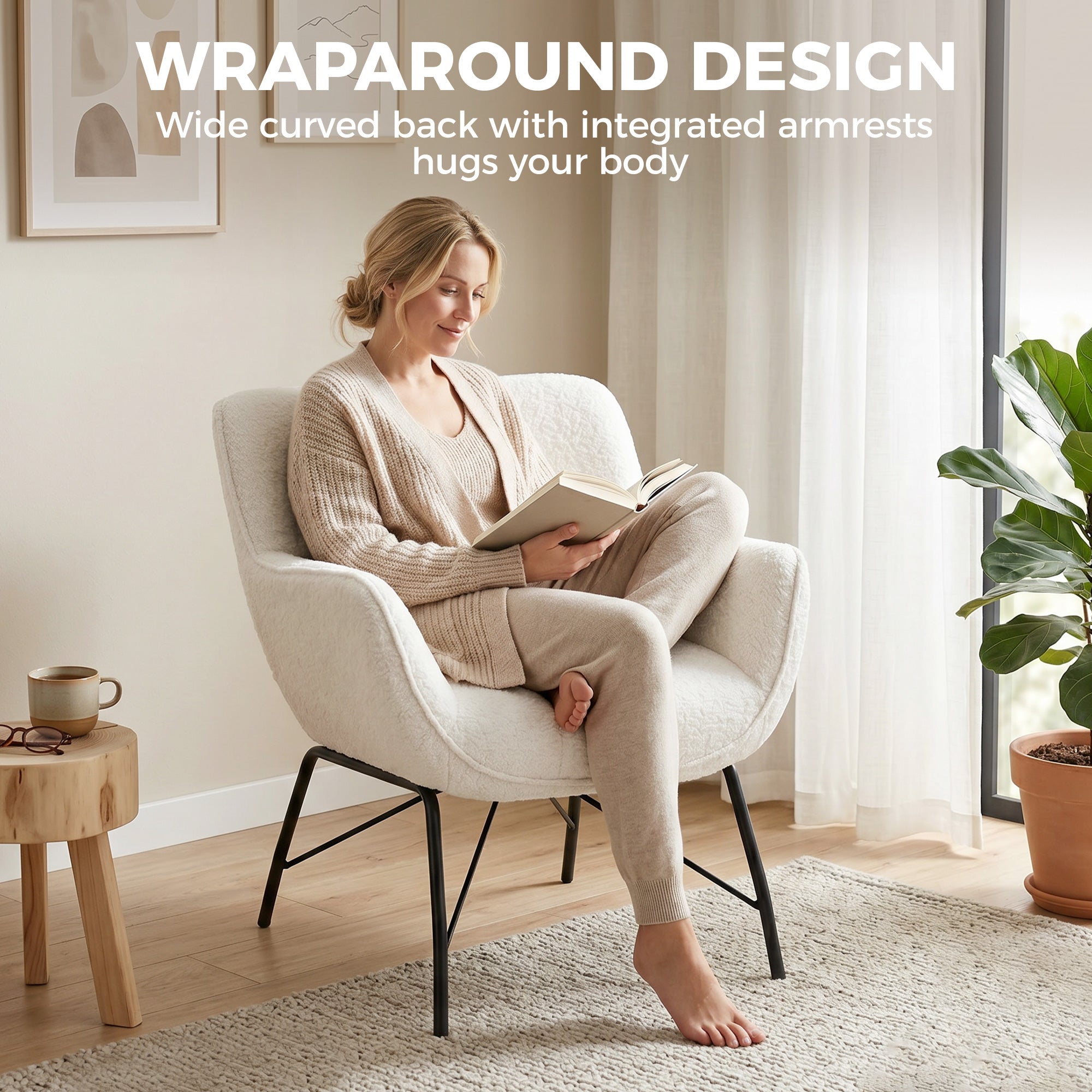 Sherpa Fleece Lounge Chair – Modern Upholstered Armchair with Curved Back, Armrests & Steel Legs, Cream White