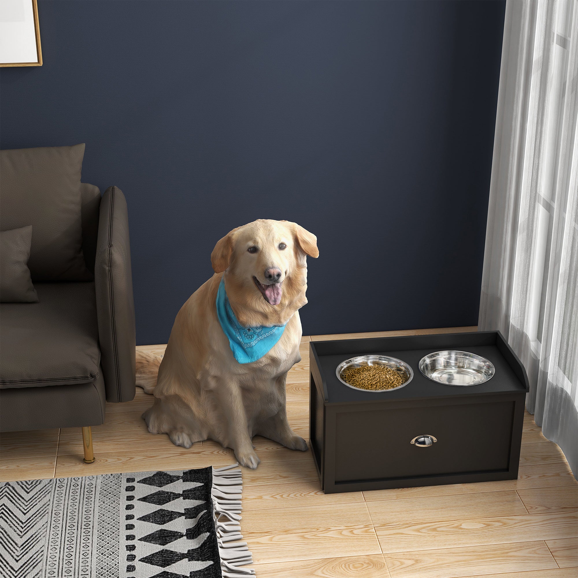 Raised Dog Bowls in Stainless Steel, Wooden Dog Feeder Stand with Drawer Storage for Large Dogs, 60x30x36 cm, Black