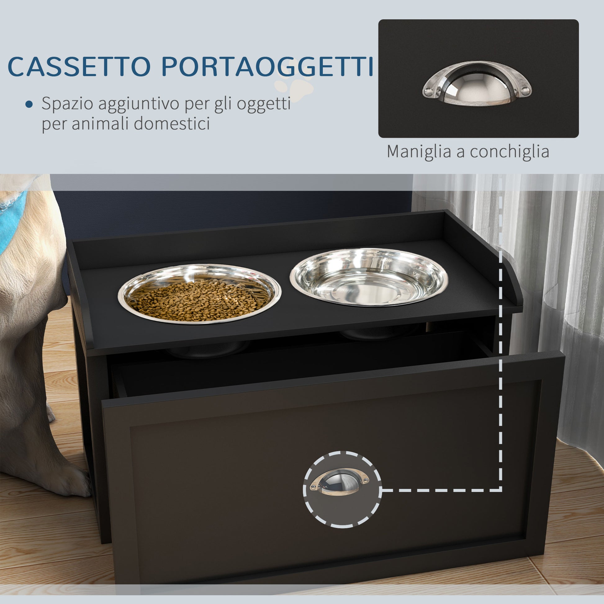 Raised Dog Bowls in Stainless Steel, Wooden Dog Feeder Stand with Drawer Storage for Large Dogs, 60x30x36 cm, Black