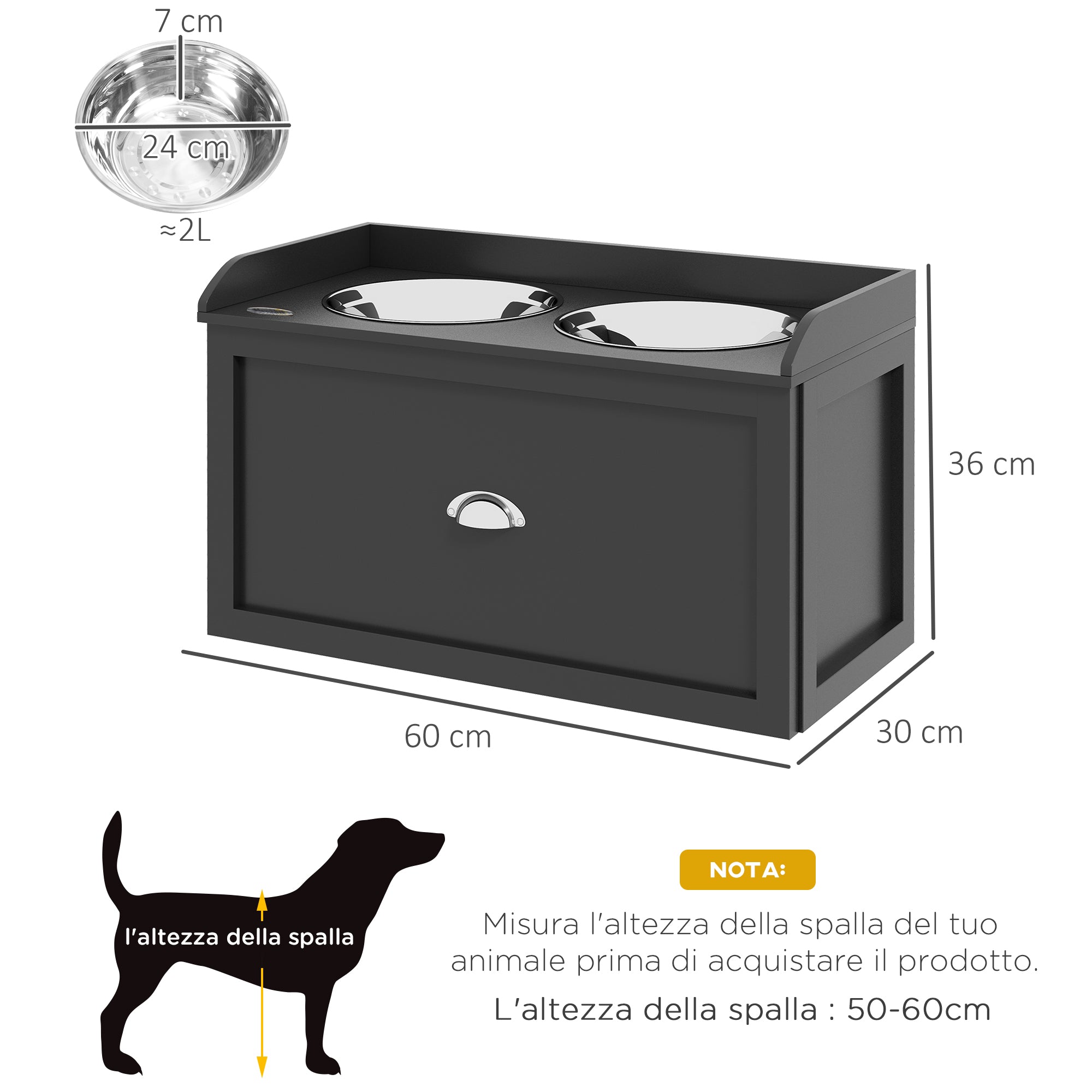 Raised Dog Bowls in Stainless Steel, Wooden Dog Feeder Stand with Drawer Storage for Large Dogs, 60x30x36 cm, Black
