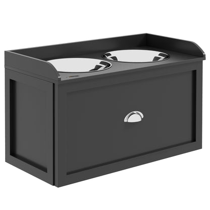 Raised Dog Bowls in Stainless Steel, Wooden Dog Feeder Stand with Drawer Storage for Large Dogs, 60x30x36 cm, Black