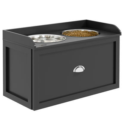 Raised Dog Bowls in Stainless Steel, Wooden Dog Feeder Stand with Drawer Storage for Large Dogs, 60x30x36 cm, Black