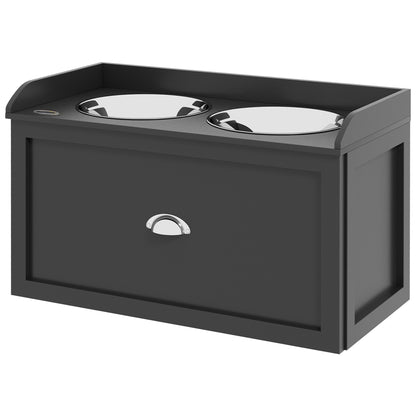 Raised Dog Bowls in Stainless Steel, Wooden Dog Feeder Stand with Drawer Storage for Large Dogs, 60x30x36 cm, Black