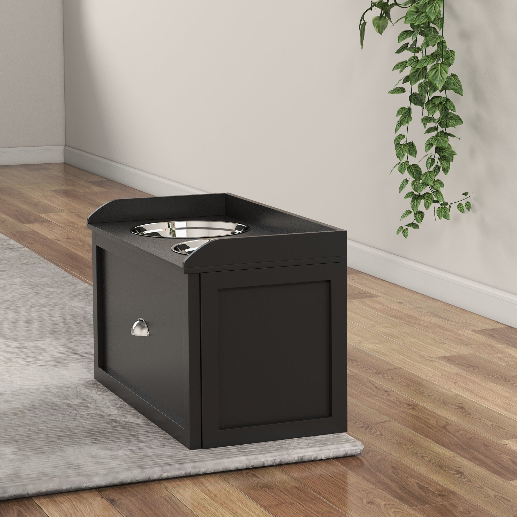 Raised Dog Bowls in Stainless Steel, Wooden Dog Feeder Stand with Drawer Storage for Large Dogs, 60x30x36 cm, Black