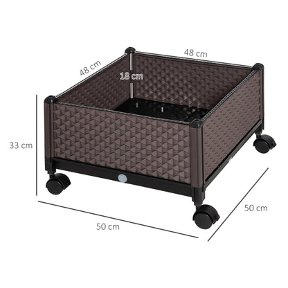 Plastic Wheeled Planter Garden Pot with Drainage Holes for Outdoor Plant Cultivation Patio Terrace 50x50x33 cm Brown