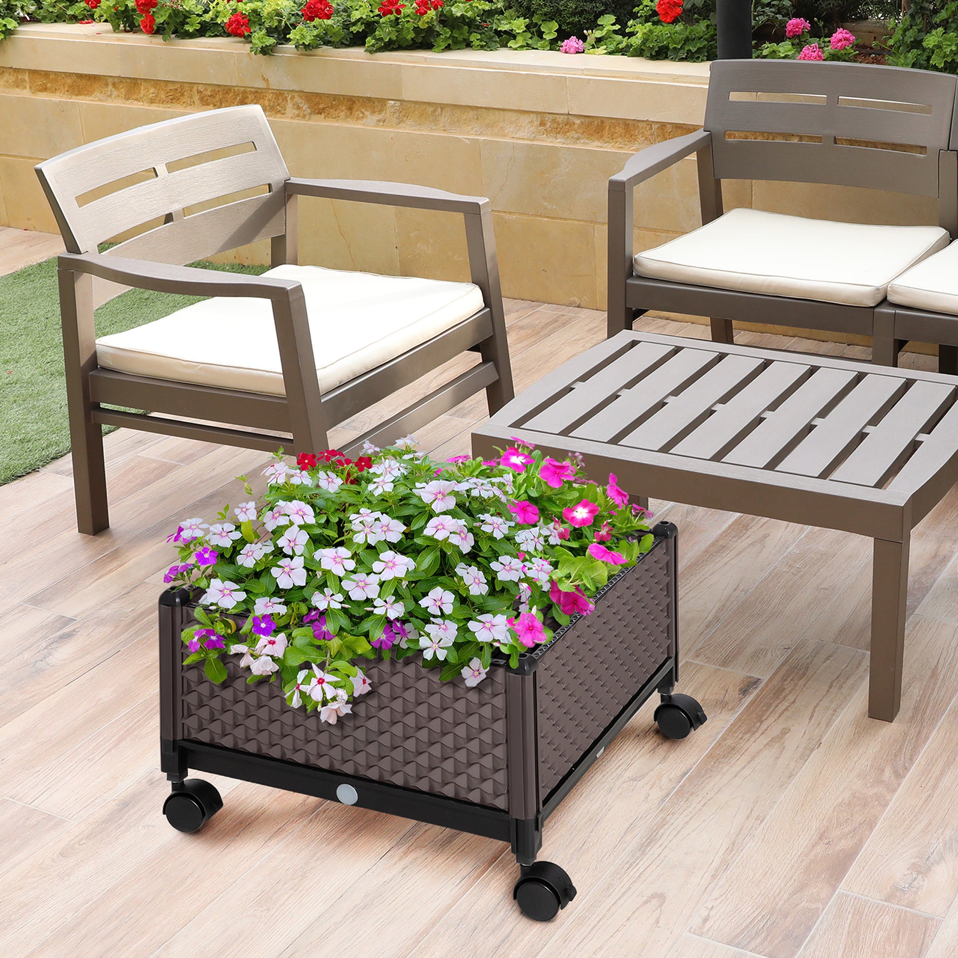 Plastic Wheeled Planter Garden Pot with Drainage Holes for Outdoor Plant Cultivation Patio Terrace 50x50x33 cm Brown