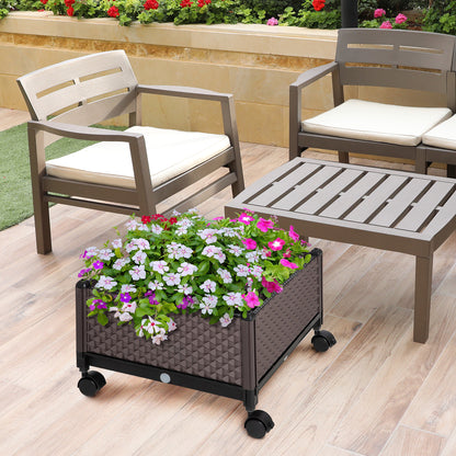 Plastic Wheeled Planter Garden Pot with Drainage Holes for Outdoor Plant Cultivation Patio Terrace 50x50x33 cm Brown