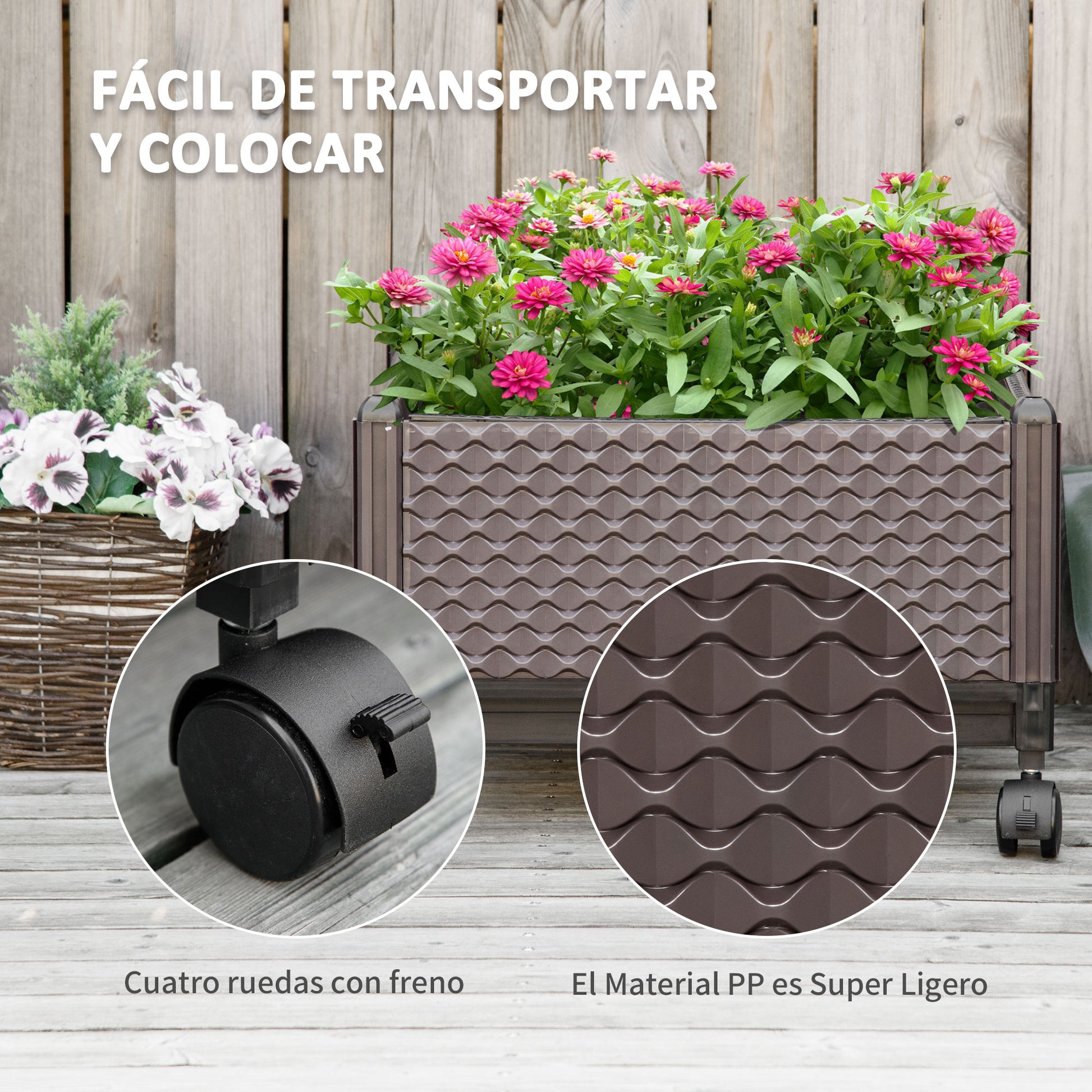 Plastic Wheeled Planter Garden Pot with Drainage Holes for Outdoor Plant Cultivation Patio Terrace 50x50x33 cm Brown