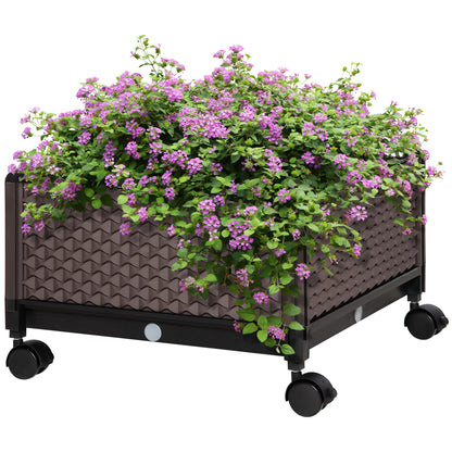 Plastic Wheeled Planter Garden Pot with Drainage Holes for Outdoor Plant Cultivation Patio Terrace 50x50x33 cm Brown