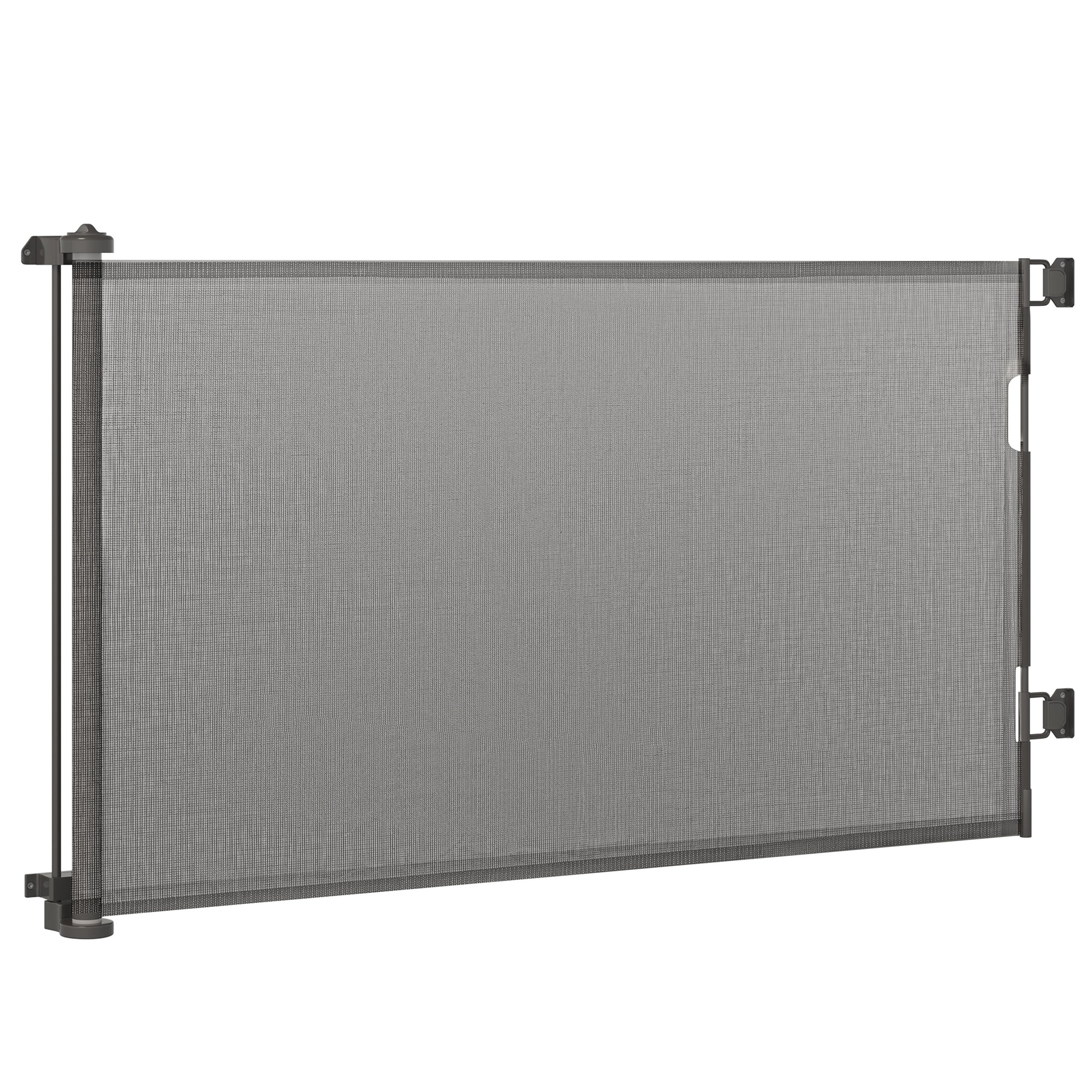Retractable Dog Safety Barrier One-Hand Operation Aluminum Alloy Frame for Stairway Hallway Entrances Mesh Fabric 150 x 85 cm Grey