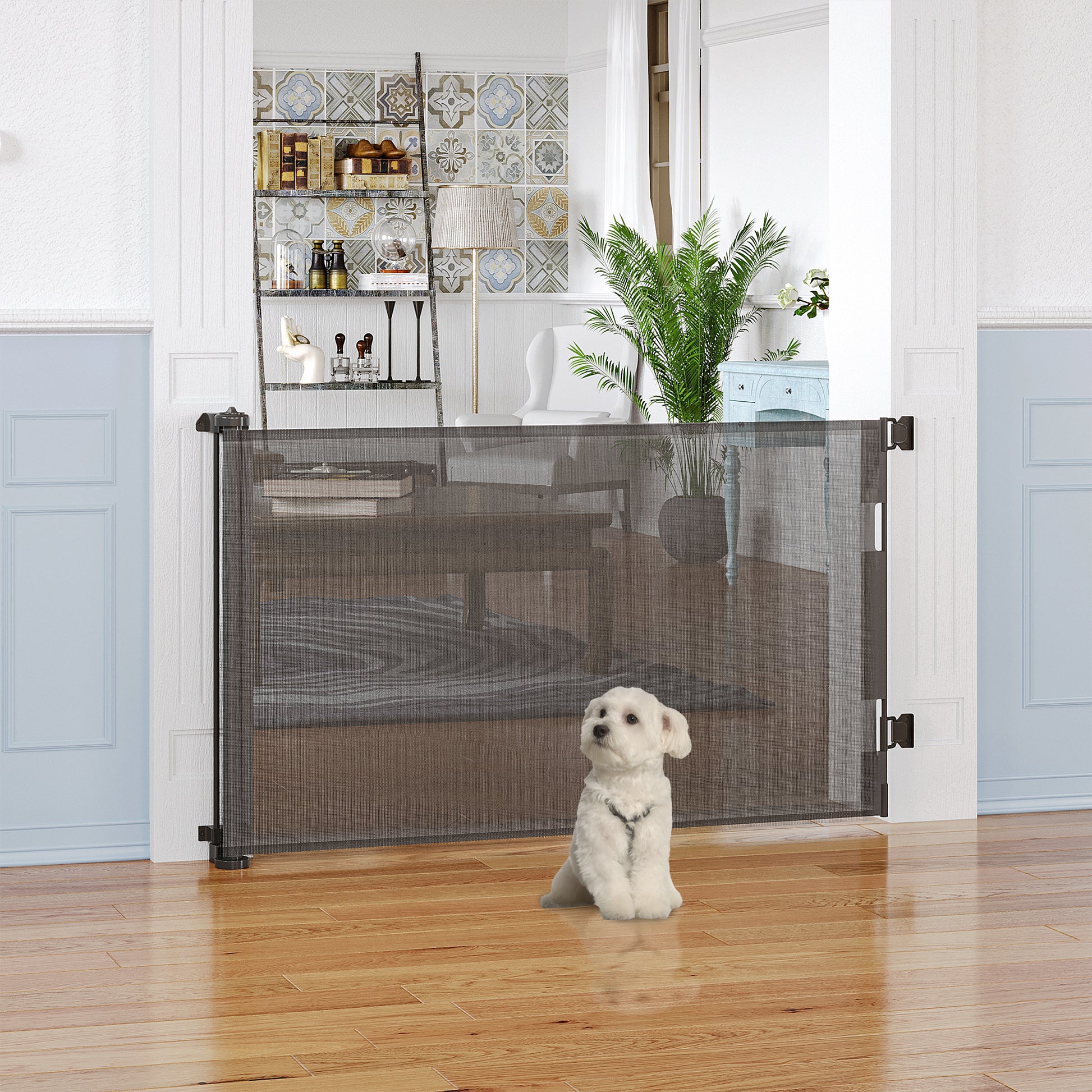 Retractable Dog Safety Barrier One-Hand Operation Aluminum Alloy Frame for Stairway Hallway Entrances Mesh Fabric 150 x 85 cm Grey