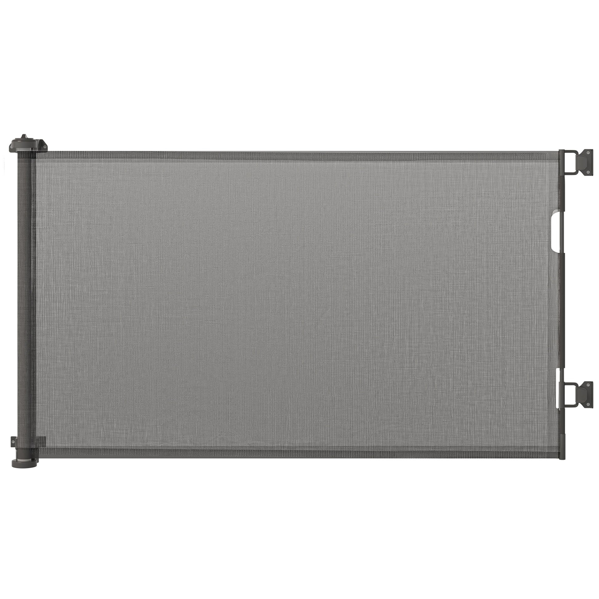 Retractable Dog Safety Barrier One-Hand Operation Aluminum Alloy Frame for Stairway Hallway Entrances Mesh Fabric 150 x 85 cm Grey