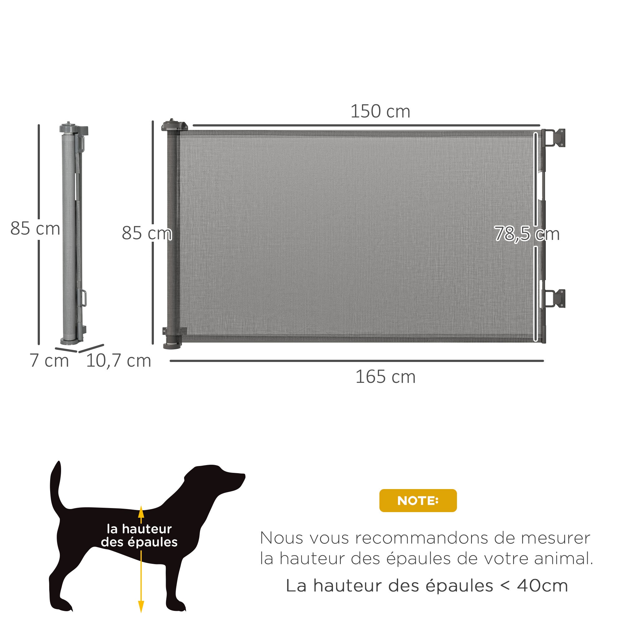 Retractable Dog Safety Barrier One-Hand Operation Aluminum Alloy Frame for Stairway Hallway Entrances Mesh Fabric 150 x 85 cm Grey