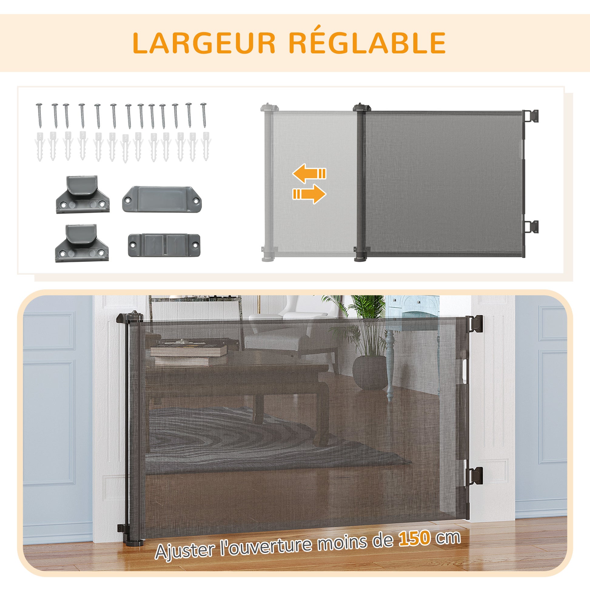 Retractable Dog Safety Barrier One-Hand Operation Aluminum Alloy Frame for Stairway Hallway Entrances Mesh Fabric 150 x 85 cm Grey
