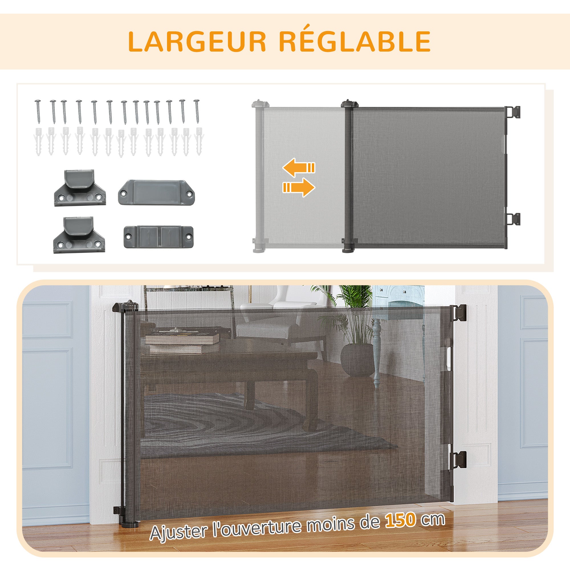 Retractable Dog Safety Barrier One-Hand Operation Aluminum Alloy Frame for Stairway Hallway Entrances Mesh Fabric 150 x 85 cm Grey