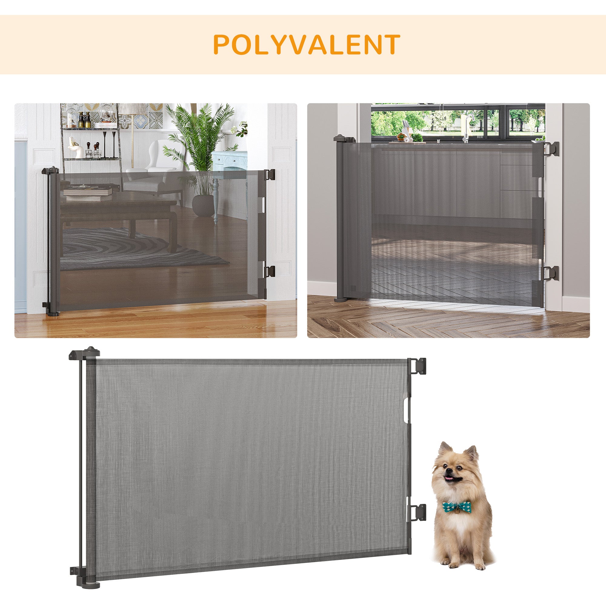 Retractable Dog Safety Barrier One-Hand Operation Aluminum Alloy Frame for Stairway Hallway Entrances Mesh Fabric 150 x 85 cm Grey