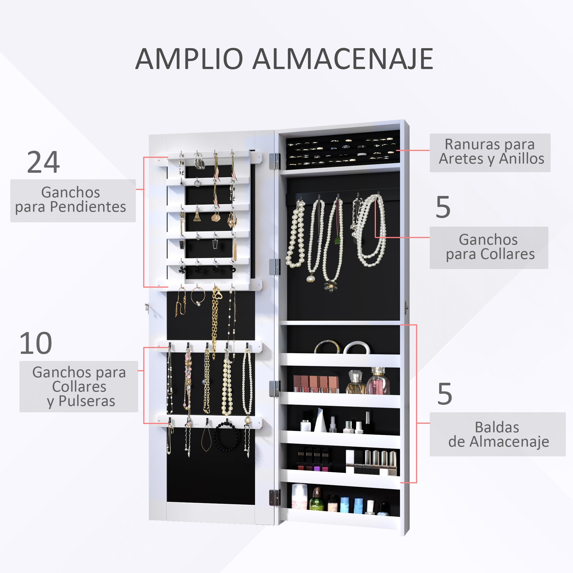 Wall-Mounted Hanging Jewelry Mirror Cabinet Organizer with Hooks and Slots for Necklaces for Bedroom Living Room 37x9.5x112 cm White
