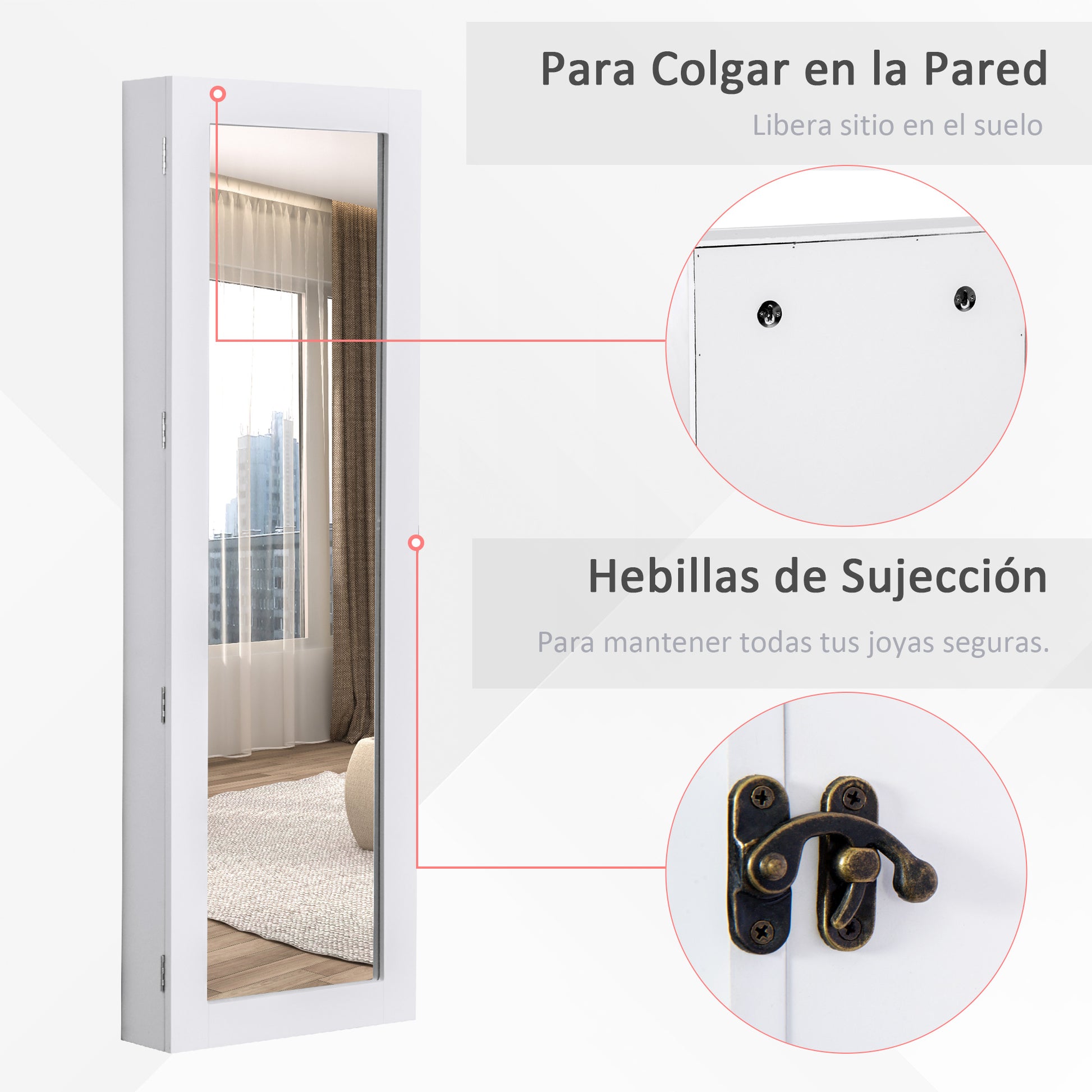 Wall-Mounted Hanging Jewelry Mirror Cabinet Organizer with Hooks and Slots for Necklaces for Bedroom Living Room 37x9.5x112 cm White
