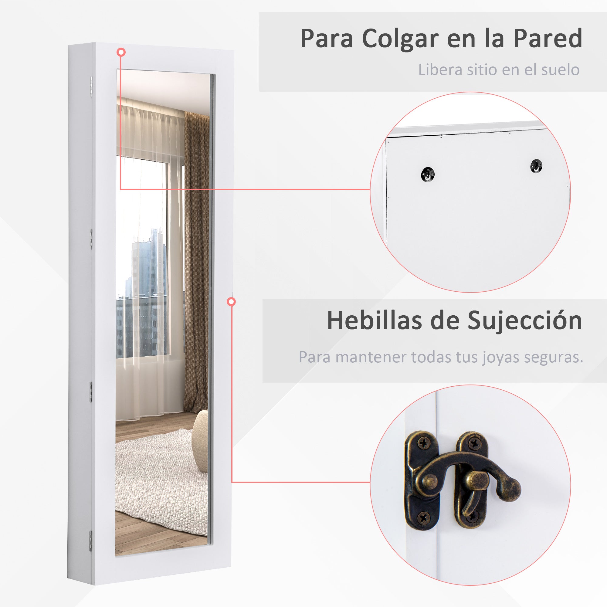 Wall-Mounted Hanging Jewelry Mirror Cabinet Organizer with Hooks and Slots for Necklaces for Bedroom Living Room 37x9.5x112 cm White