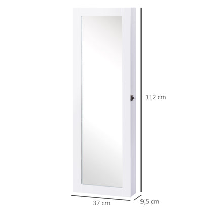 Wall-Mounted Hanging Jewelry Mirror Cabinet Organizer with Hooks and Slots for Necklaces for Bedroom Living Room 37x9.5x112 cm White
