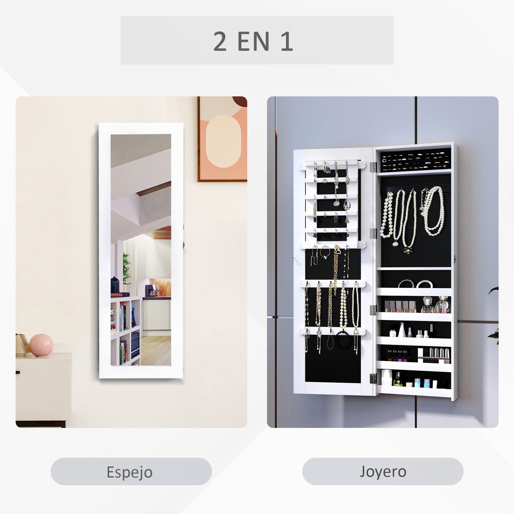 Wall-Mounted Hanging Jewelry Mirror Cabinet Organizer with Hooks and Slots for Necklaces for Bedroom Living Room 37x9.5x112 cm White