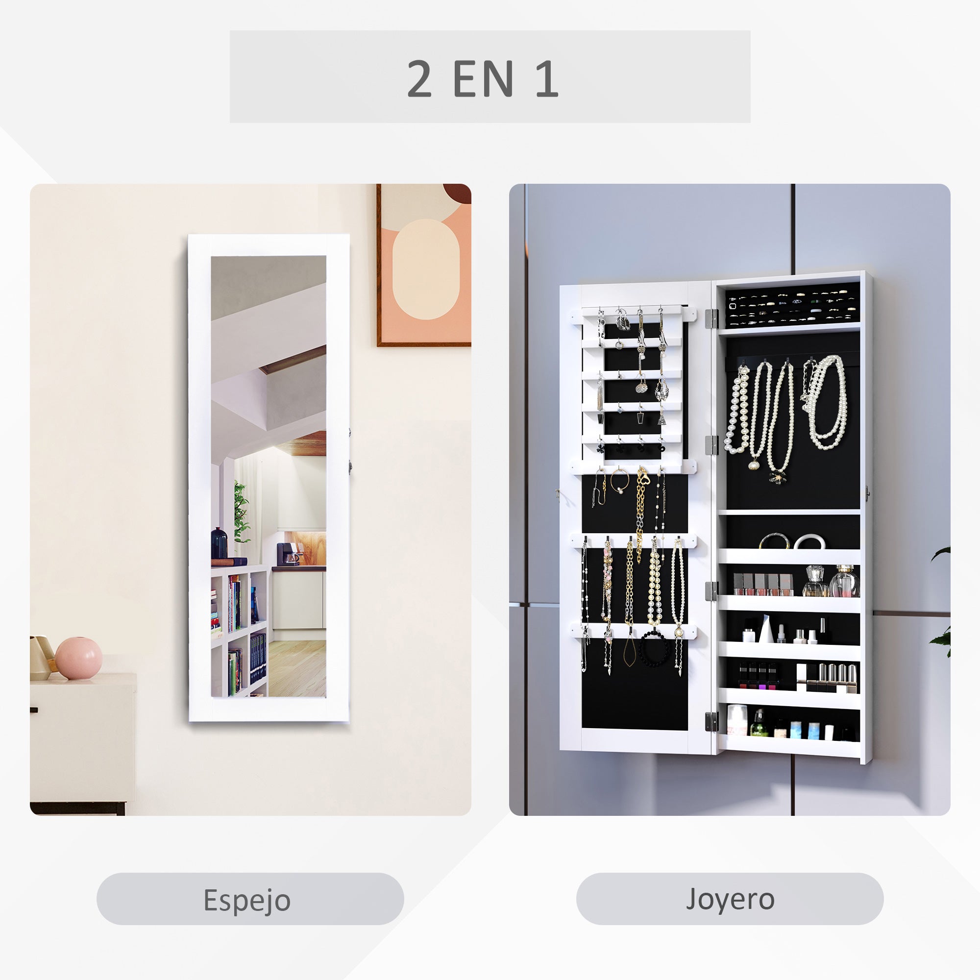 Wall-Mounted Hanging Jewelry Mirror Cabinet Organizer with Hooks and Slots for Necklaces for Bedroom Living Room 37x9.5x112 cm White