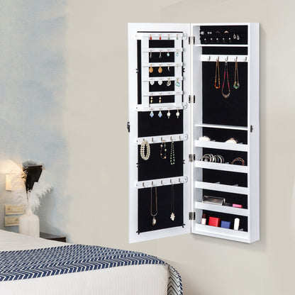 Wall-Mounted Hanging Jewelry Mirror Cabinet Organizer with Hooks and Slots for Necklaces for Bedroom Living Room 37x9.5x112 cm White