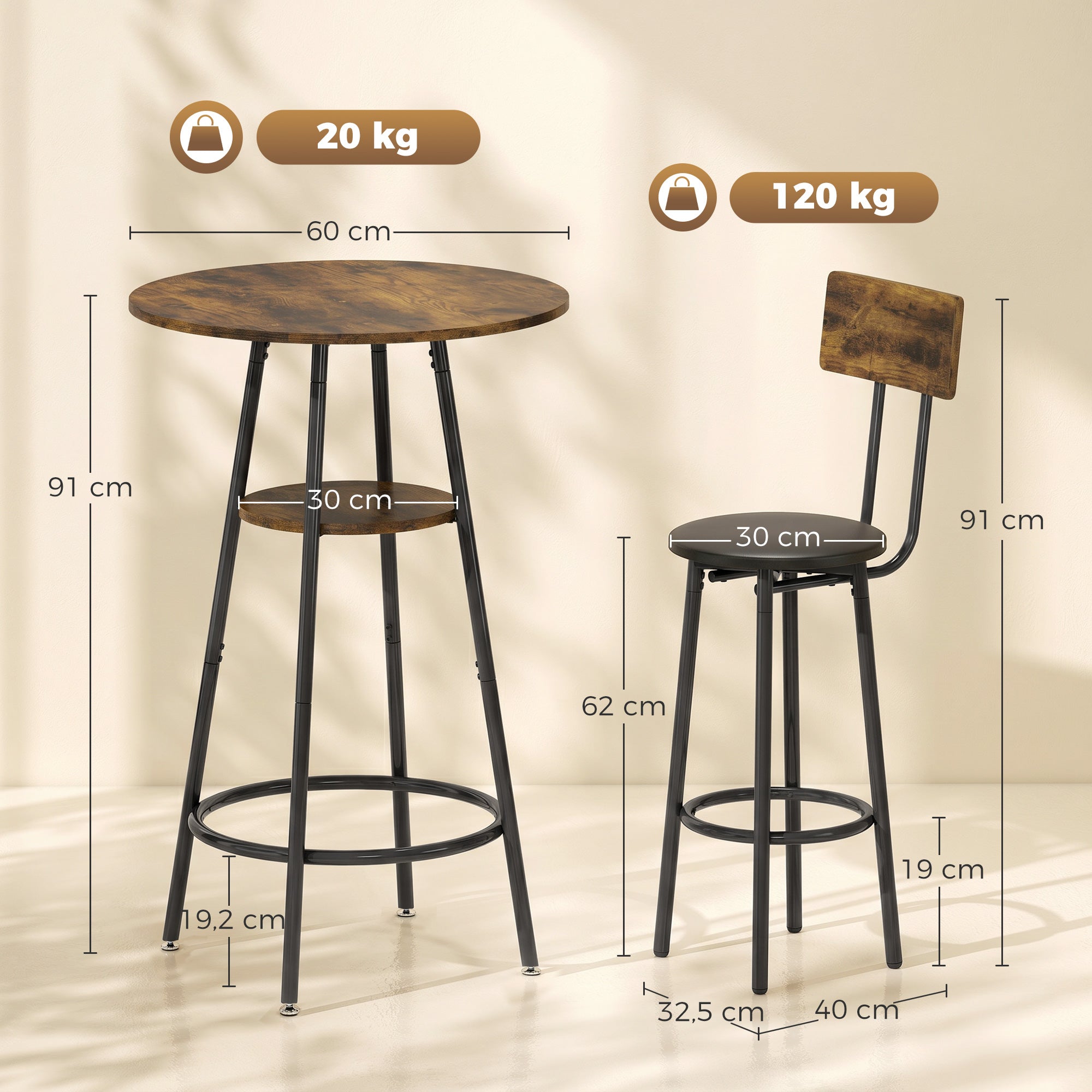 Bar Table with 2 Padded Bar Stools, Footrests, Metal Frame — Industrial Kitchen/Dining Set, Rustic Brown