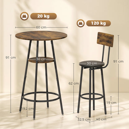 Bar Table with 2 Padded Bar Stools, Footrests, Metal Frame — Industrial Kitchen/Dining Set, Rustic Brown