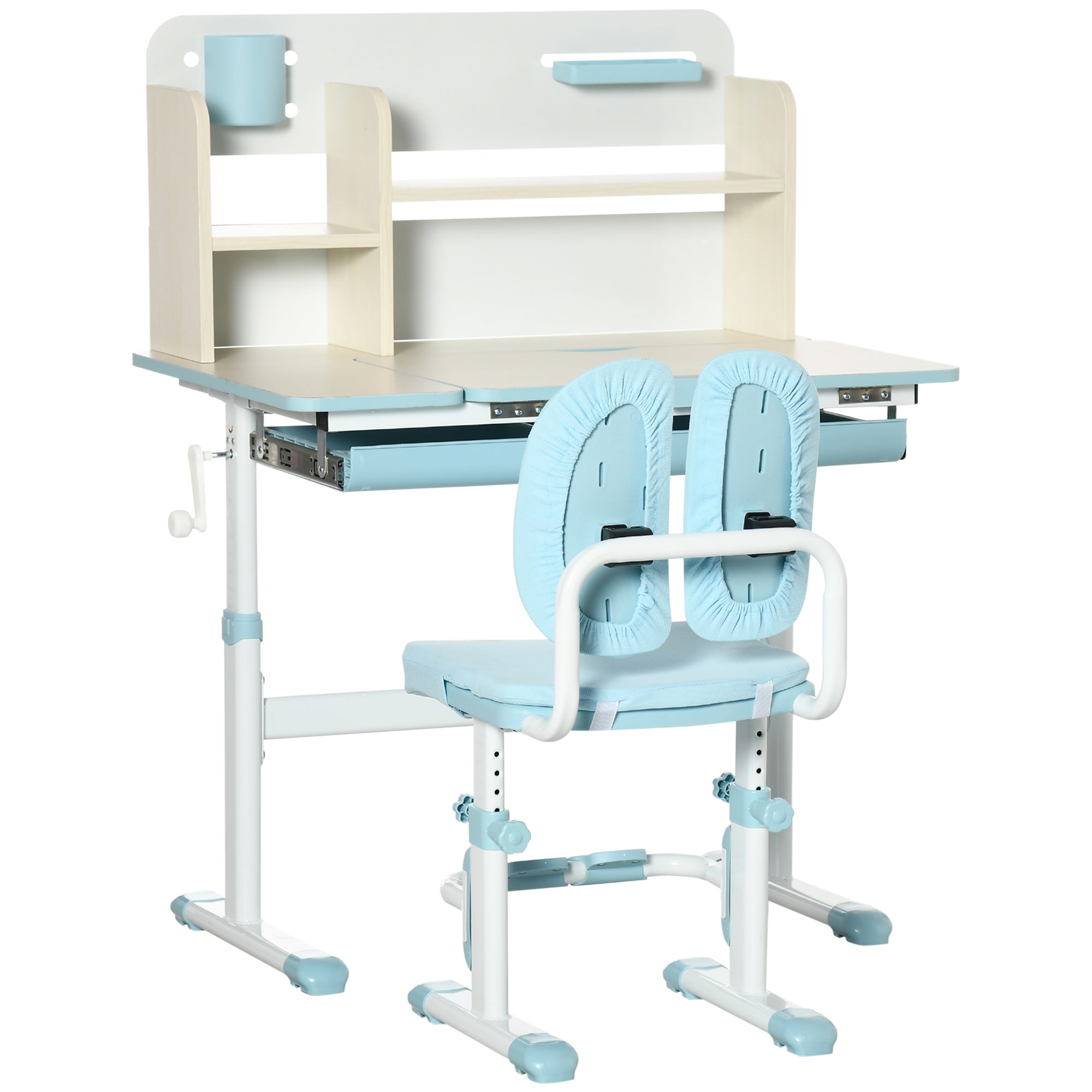 Kids School Desk with Chair for 3-12 Years Adjustable Height, Kids Desk with Tiltable Top and Padded Cushions, Steel and MDF, Blue
