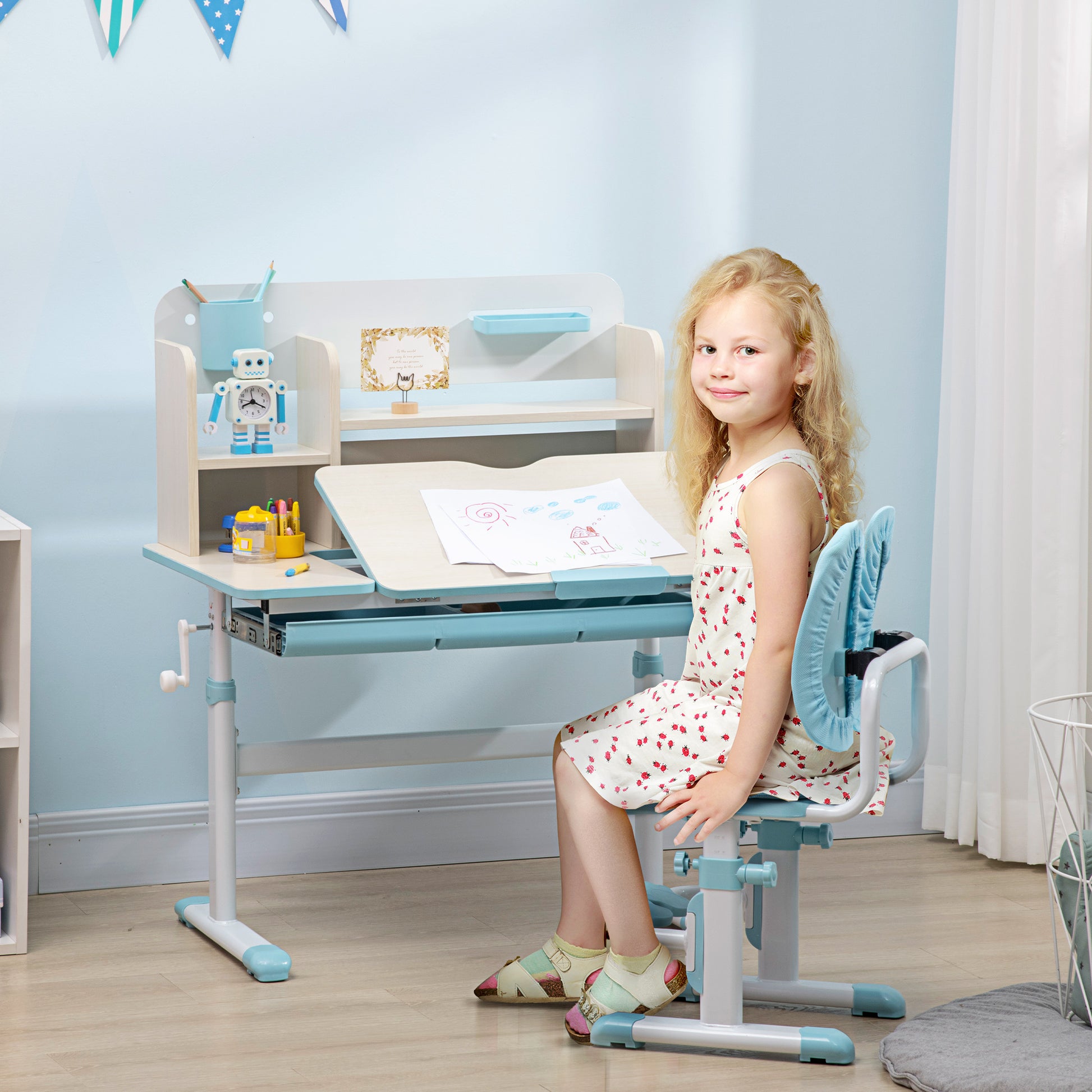 Kids School Desk with Chair for 3-12 Years Adjustable Height, Kids Desk with Tiltable Top and Padded Cushions, Steel and MDF, Blue