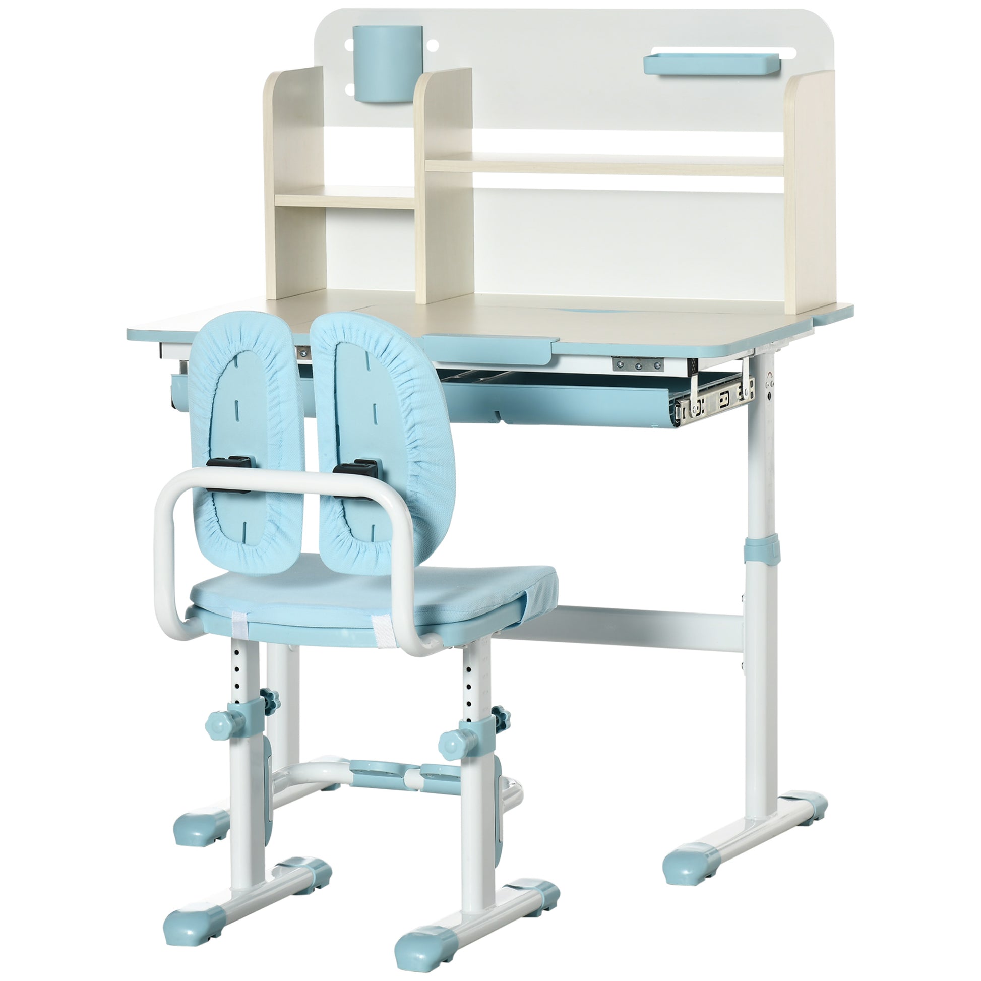 Kids School Desk with Chair for 3-12 Years Adjustable Height, Kids Desk with Tiltable Top and Padded Cushions, Steel and MDF, Blue