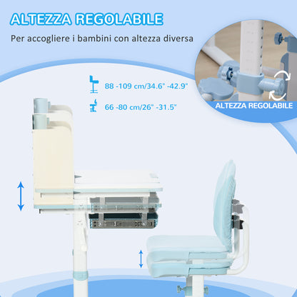 Kids School Desk with Chair for 3-12 Years Adjustable Height, Kids Desk with Tiltable Top and Padded Cushions, Steel and MDF, Blue
