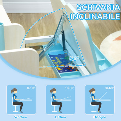 Kids School Desk with Chair for 3-12 Years Adjustable Height, Kids Desk with Tiltable Top and Padded Cushions, Steel and MDF, Blue