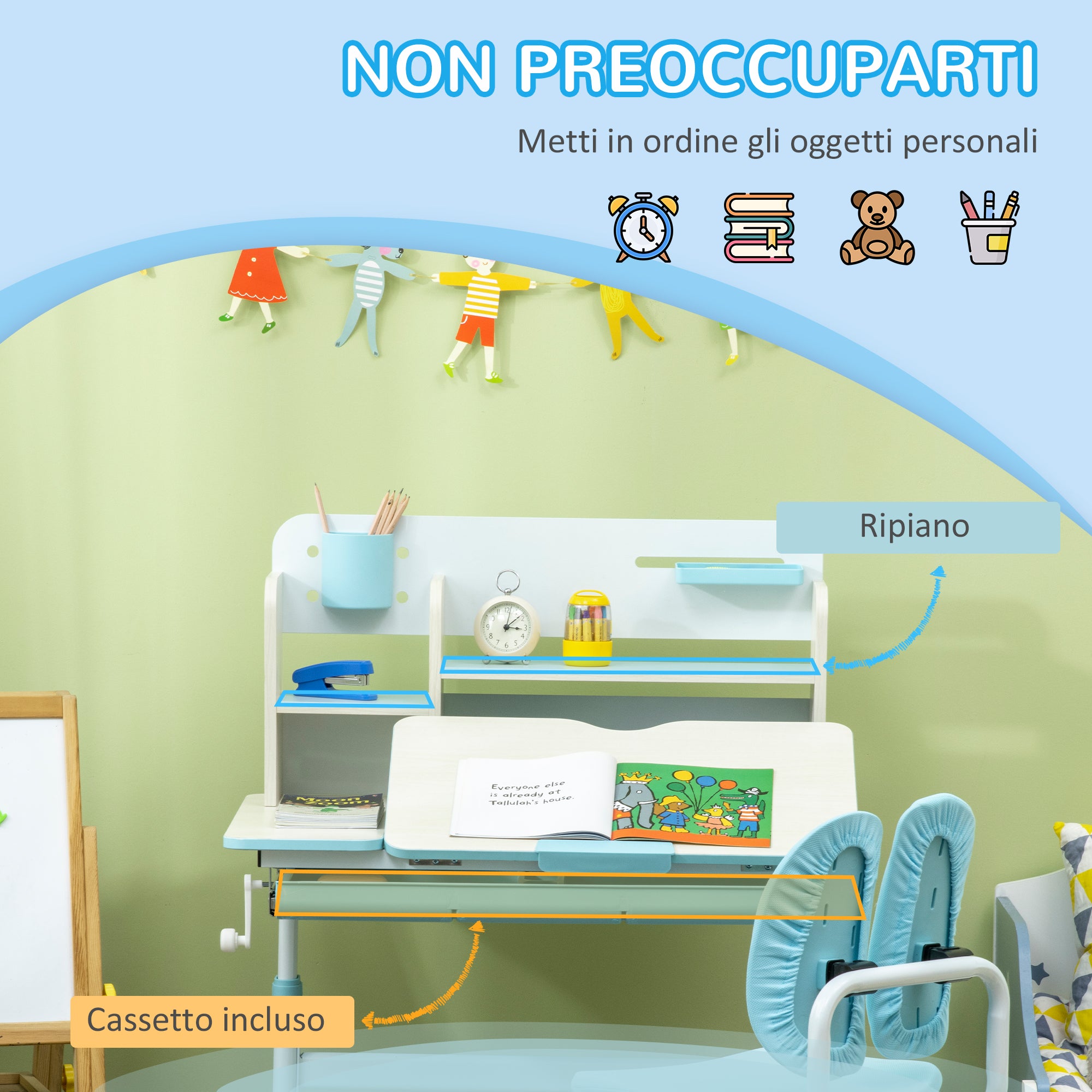 Kids School Desk with Chair for 3-12 Years Adjustable Height, Kids Desk with Tiltable Top and Padded Cushions, Steel and MDF, Blue