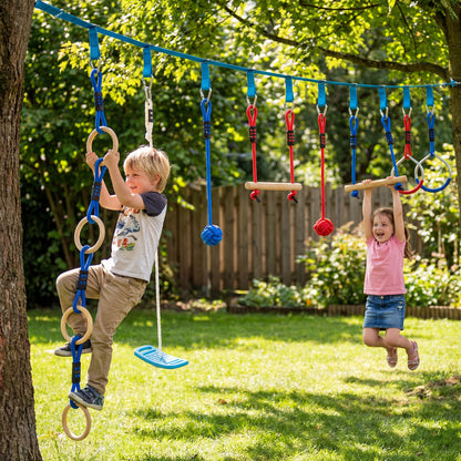 Ninja Line Kids 10 m (32.8 ft) — 9-Piece Slackline & Obstacle Set with Rings, 3-in-1 Swing, Climbing Bars, Tree Protection, Grip Balls & Carry Bag — Ages 3–8, Multicolor