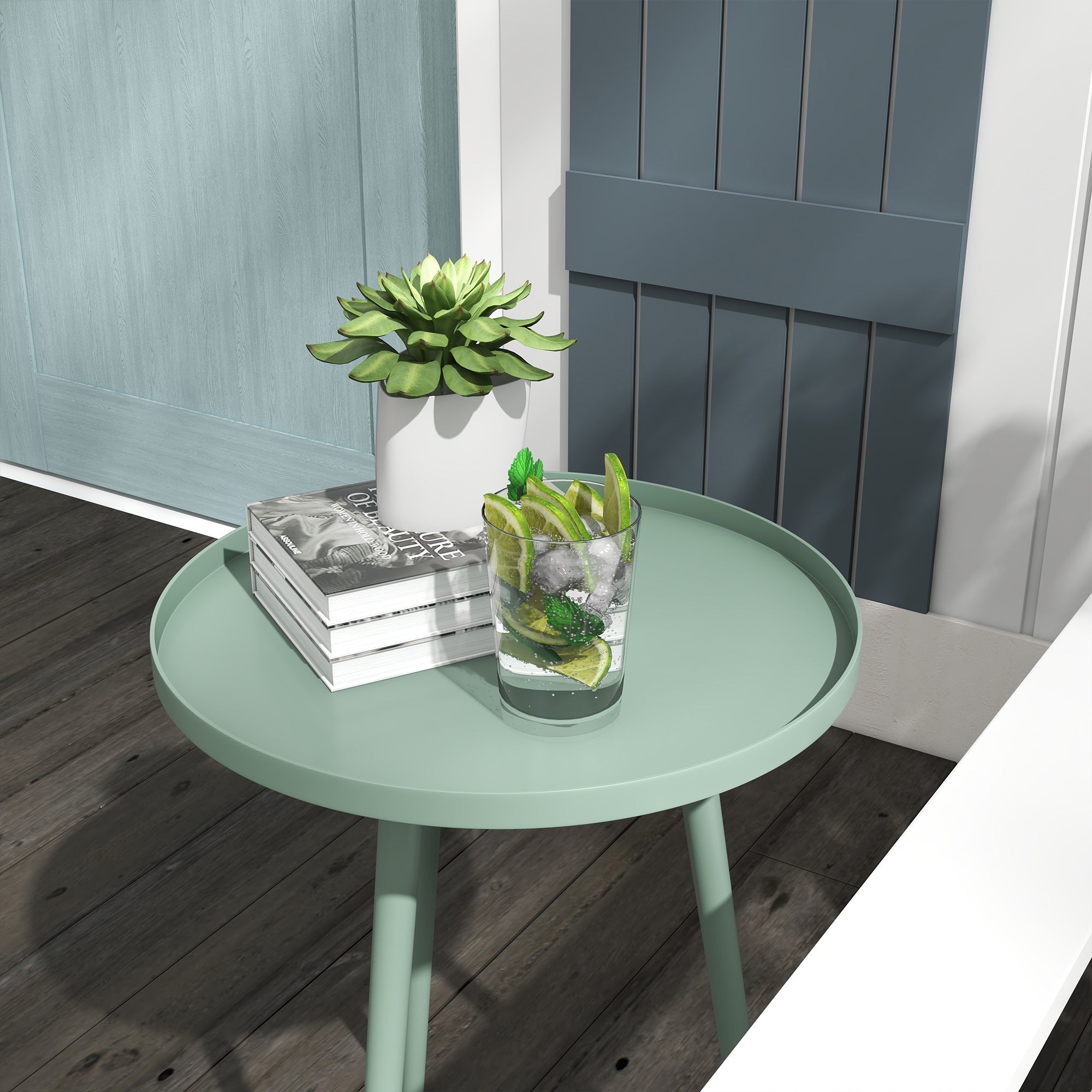 Garden Side Table, weather-resistant outdoor table with raised edge, steel balcony table, round coffee table load capacity 20kg, Ø40x50H cm, side table for outdoor indoor balcony terrace Green